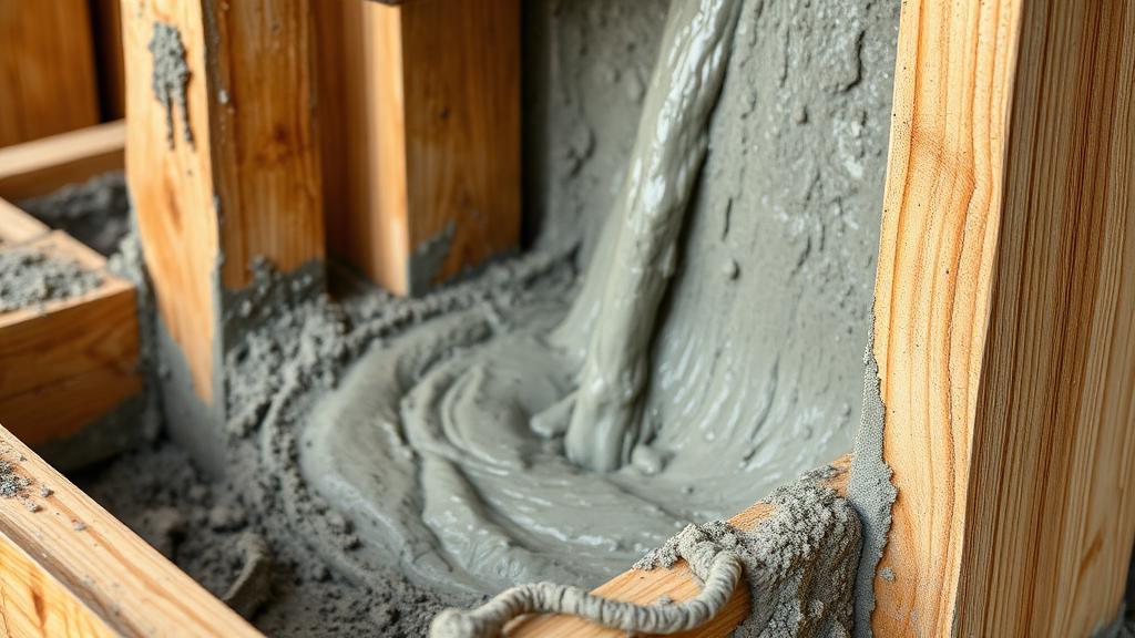 Concreto usinado sendo lançado em fôrma de madeira em obra em Itaquera